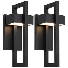 two black outdoor wall lights with white light on the side and one in the middle