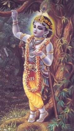 a painting of a hindu god holding a stick in his hand and standing next to a tree