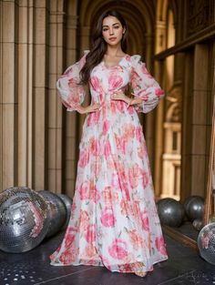 Lasaky - Floral Print Long Sleeve Maxi Dress with Chiffon Collar Long Sleeve Floral Maxi Dress, Floral Print Chiffon Dress, Feminine Romantic, Dress Collar, Floral Print Chiffon, Cotton Shirt Dress, Bubble Sleeve, Floral Print Maxi Dress, Chiffon Long Sleeve