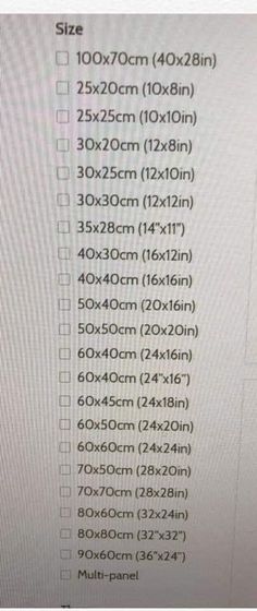 a computer screen showing the size and width of different items in each file, as well as measurements for each item