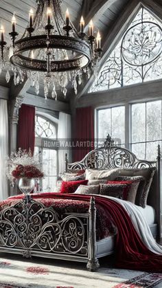 a bedroom with a chandelier, bed and window in the room that has red curtains