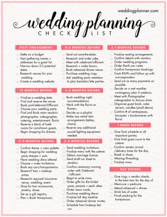 the wedding planning checklist is shown in pink and white with black lettering on it