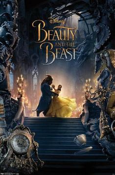 the poster for disney's beauty and the beast is displayed in front of stairs