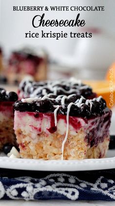 an advertisement for blueberry and white cheesecake rice krispie treats