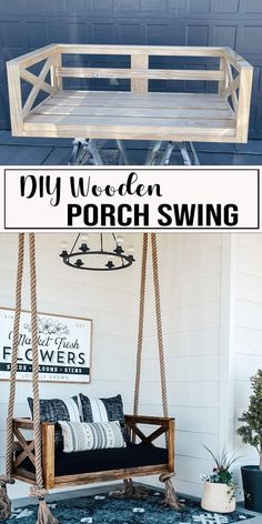 a porch swing made out of wood with text overlay that reads diy wooden porch swing