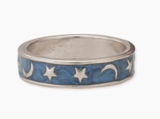 Vintage Blue Silver Celestial Band Ring - ZA9 freeshipping - The Hare and the Moon Rings With Stars, Cool Vintage Rings, Moon Star Jewelry, Vintage Ring Silver, Funky Silver Rings, How To Style Rings, Whimsigoth Rings, Celestial Rings, Star Rings