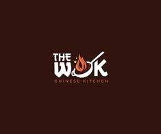 the wok chinese kitchen logo on a dark background with red and orange flames coming out of it