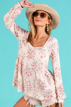 Cream and Pink Floral Print Square Neck Peplum Top Pink Floral Print, Floral Print Tops, Square Necklines, Print Top, Square Neckline, Baby Doll, Empire Waist, Print Tops, Square Neck