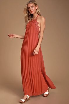 Breezy Rust Red Dress - Lace Dress - Pleated Dress - Maxi Dress Honeymoon Dress For Women, Honeymoon Dresses, Honeymoon Dress, Bohemian Clothes Women, Night Date, Full Maxi Skirt, Boho Chic Dress, Lulus Dresses, Lace Trim Top