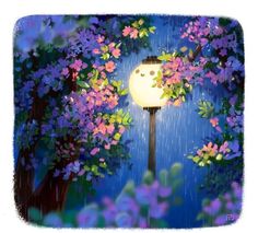 a painting of a street light surrounded by purple flowers and trees with rain falling on it