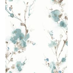 a wallpaper with blue flowers and leaves on white background, in the style of watercolor