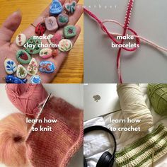 three pictures with different types of buttons and yarn