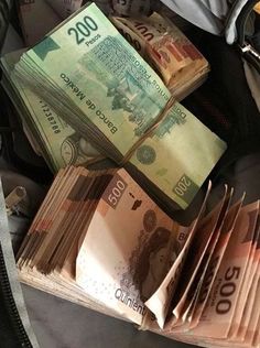 a bag filled with lots of money sitting on top of each other