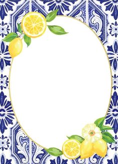 a blue and white plate with lemons on the rim, in front of an ornate pattern