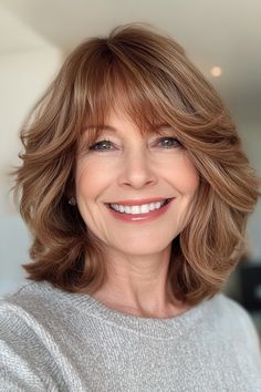 42. Soft Light Brown Shag with Curtain Bangs (Hairstyles For Women Over 50 With Fine Hair) - Hairstyles For Women Over 50 With Fine Hair Light Brown Shag, Long Bob With Curtain Bangs, Shag With Curtain Bangs, Shaggy Pixie, Modern Short Hairstyles, Bangs Hairstyles, Chic Hairstyles