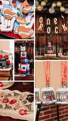 a collage of pictures including cakes, decorations and other items for a birthday party