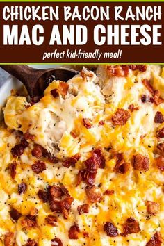 chicken bacon ranch mac and cheese in a white casserole dish with text overlay