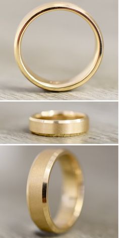 three different views of two wedding rings, one in yellow gold and the other in white gold