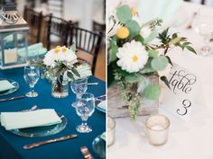 the table is set with place cards, silverware and flowers in glass vases