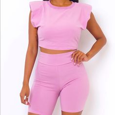 Color: Pink 95% Poly 5% Spandex Model Wears Small This Piece Has Some Stretch Summer Crop Top Activewear For Loungewear, High Stretch Solid Color Summer Sets, Pink Sleeveless Matching Set Top, High Stretch Crop Top For Summer Loungewear, High Stretch Summer Crop Top For Loungewear, Stretch Summer Sets, Stretch Elastane Sets For Summer, Pink Sleeveless Top Matching Set, Summer Fitted Athleisure Sets