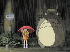 a person holding an umbrella standing in the rain with a totoro behind them