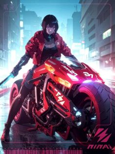 a woman sitting on top of a red motorcycle in the middle of a city at night