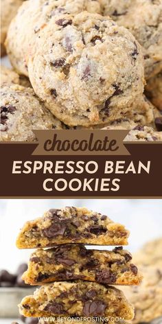 chocolate espresso bean cookies stacked on top of each other with text overlay