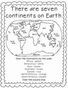 there are seven continents on earth coloring page with the names and their corresponding words