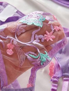 Purple Lingerie Set Floral Embroidered Lace Garter Belt Floral Lingerie