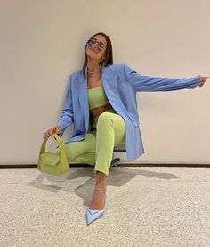 Color Combos Outfit, Color Blocking Outfits, Pastel Outfit, Colourful Outfits, Colorful Fashion, Blue And Green