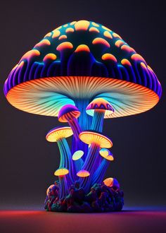 an illuminated mushroom is sitting on the ground in front of a black background with colorful lights