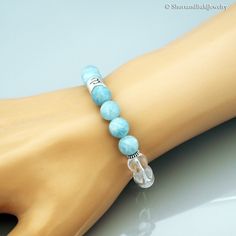 "❖ Aries Zodiac Gemstone Bracelet ❖ ❖ AQUAMARINE: AAA Quality Natural 8mm gemstone ❖ ♥ Cleansing ♥ Meditation ♥ Serenity ♥ Peace ♥ Prophecy ♥ Inspiration ♥ Tranquility ♥ Inner power strength ♥ Soothing ♥ Calming ♥ Safe travel on water ❖ ROCK CRYSTAL: AAA Quality Natural 8mm gemstone ❖ ♥ Harmony ♥ Energy ♥ Healing ♥ Psychic abilities ♥ Clarity ♥ Calmness ❖ ZODIAC BEAD: Antique Pewter Silver. ❖ SPACERS: Antique pewter charms made in USA. ❖ Durable Elastic Stretch Cord. ❖ The gemstones are natural, Aries Gemstones, Spiritual Aquamarine Turquoise Bracelets, Spiritual Aquamarine Round Beads Jewelry, Aries Birthstone, Aquamarine Birthstone, Blue Aquamarine Beaded Bracelets, Spiritual Style, Howlite Bracelet, Zodiac Bracelet, White Howlite