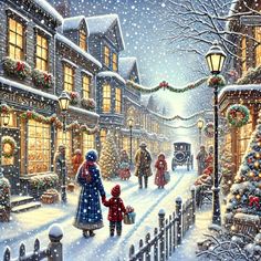 a painting of people walking down a snowy street with christmas decorations on the buildings and trees