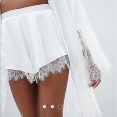 These Are Size Uk 14 Aka Us Size 10 Bridal Satin-Feel Ivory Lace Shorts! Perfect To Get Ready In On Your Wedding Day. High Waisted, Classy And Fun! I Never Wore Due To A Gift From My Girlfriend! Product Code 1262564 Bought Through Online Asos Store, Currently Out Of Stock Summer Party Bottoms With Delicate Lace, White Lace Trim Sleepwear For Spring, Chic Sleepwear For Wedding Night In Summer, Chic Summer Sleepwear For Wedding Night, Chic Summer Wedding Night Sleepwear, Chic Sheer White Bottoms, Chic White Sheer Bottoms, Feminine Delicate Lace Bottoms For Summer, Chic White Sleepwear For The Beach