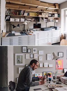 two photos side by side one shows a man working at his desk and the other shows an office