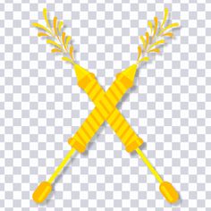 two yellow crossed spears with leaves on them are cut out from the paper and placed on a checkered background