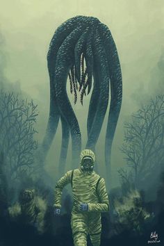 an alien man walking in front of two giant tentacles