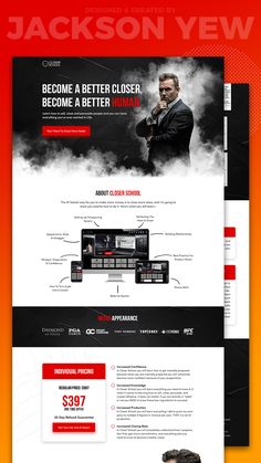 the website design for jackson yew is shown in red, black and white