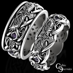 two silver rings with purple stones in the middle and celtic designs on each ring,