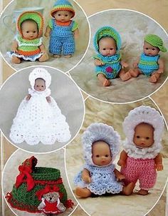 crochet patterns for baby doll clothes and accessories including hats, diapers, dresses, bonnets