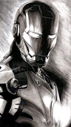 a drawing of the iron man in black and white