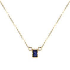 Our Emerald Cut Sapphire & Diamond Birthstone Necklace gives your style a refreshing edge. Crafted in 14K Gold  for the refined modern woman. Birthstone Necklace for Women Metal: 14K Gold (White / Yellow) Gem Type: Emerald Cut Sapphire Gemstone (0.39 CTTW) Diamonds: Natural Round Shape (0.04 CTTW) Diamond Color/Clarity: GH/SI1 Setting: Bezel with Milgrain Chain: 18 inch with jump rings at 16 & 17 inches. 14k Gold Yellow Gold Necklace With Stones, 14k Yellow Gold Necklace With Gemstone Accents, Elegant Birthstone Necklace With Gemstone Accents, Elegant 14k Gold Necklaces With Gemstone Accents, Modern Sapphire Necklace For Formal Occasions, Luxury Yellow Gold Birthstone Necklace With Gemstone, Elegant 14k Gold Diamond Necklace With Gemstone, Modern Yellow Gold Necklace With Gemstone, Elegant Yellow Gold Necklaces With Gemstone Accents