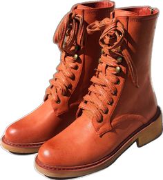 Fall Lace-up Boots With Zipper Closure, Red Ankle Combat Boots For Fall, Orange Winter Boots With Round Toe, Brown Combat Boots With Zipper Closure For Fall, Casual Orange Winter Boots, Orange Round Toe Boots For Fall, Casual Orange Lace-up Boots, Winter Leather Boots In Orange, Orange Leather Winter Boots