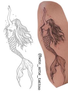 two mermaids with long hair and one has a tattoo on her arm, the other is