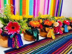 colorful flowers in vases on a table with a rainbow striped wall behind them and a multi - colored cloth