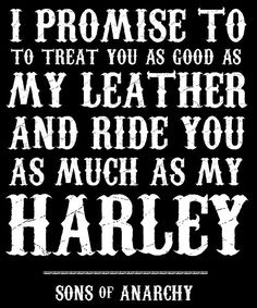 a black and white poster with the words, i promise to treat you as good as my leather and ride you as much as my harley