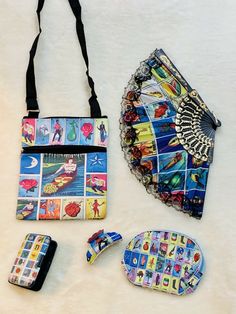 La Loteria Bundle Crossbody Bag, Fan, Hair Clip, Accessory Bag Credit Card Caddy. Shipped with USPS First Class Package. Vintage Multicolor Bags With Zipper Pouch, Retro Gift Bag With Zipper Pouch, Retro Bags With Zipper Pouch As Gift, Retro Bags With Zipper Pouch For Gifts, Loteria Cards, Handmade Aprons, Mesh Bag, First Class, Hair Clip