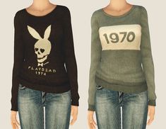 two female mannequins wearing sweaters with bunny ears on the front and back