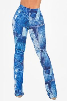 Denim Patchwork Print Flare Pants Elastic Waistband No Pockets Apprx. 34" Inseam 95% Polyester, 5% Spandex Sizing Recommendations: Small 2/4/6 Medium 6/8/10 Large 10/12/14 Printed Flare Pants, Bell Pants, Denim Print, Patchwork Print, Flare Leg Pants, Denim Patchwork, Plus Size Kleidung, Printed Denim, Straight Leg Trousers