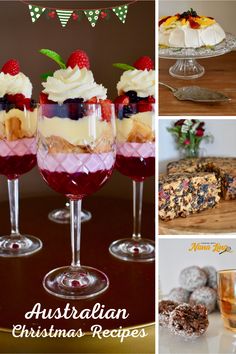 there are pictures of desserts and drinks on the table with words australia christmas recipes